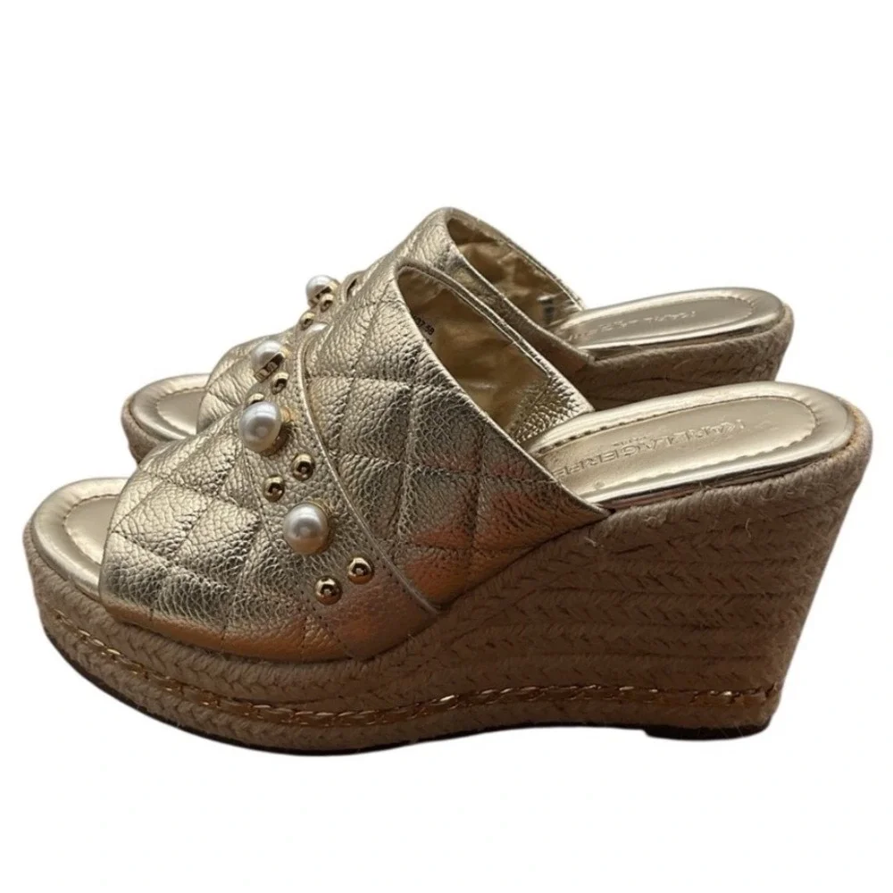 Karl Lagerfeld Paris Gold Quilted Leather Pearl Studded Espadrille Wedge 7